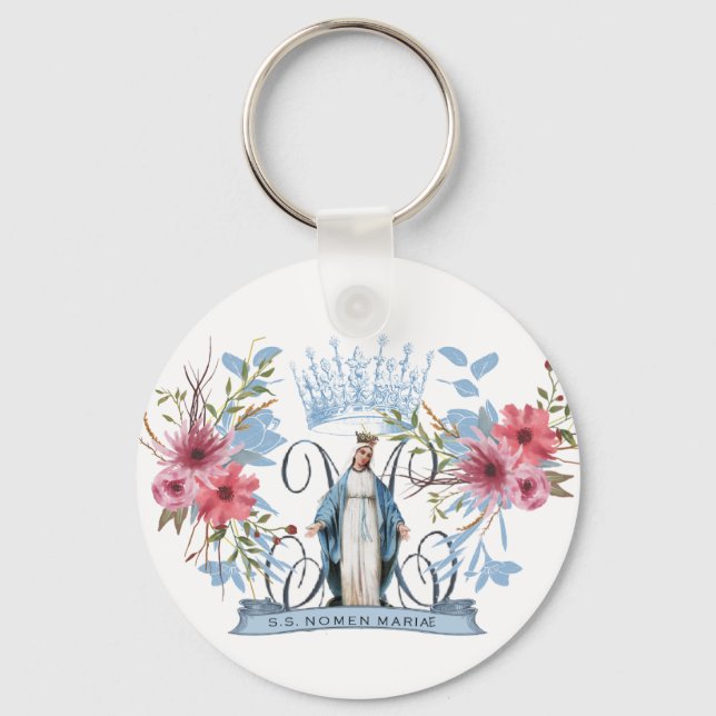 Holy Name of Mary Religious Virgin Mother Floral  Keychain (Front)