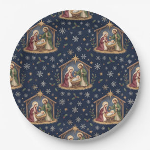Holy Nativity Navy Blue Christmas Star & Snowflake Paper Plates