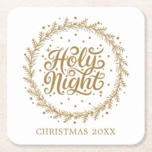Holy Night Elegant Gold Script Christmas Holiday Square Paper Coaster