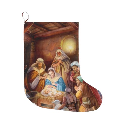Holy night jesus in manger large christmas stocking