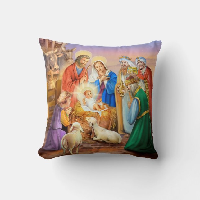 Holy night nativity scene throw pillow (Front)