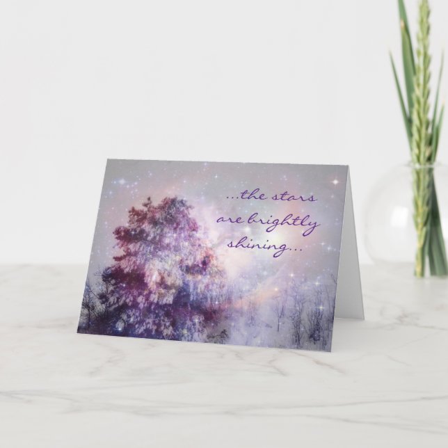 Holy Night Stars Snowy Tree Christmas Card (Front)