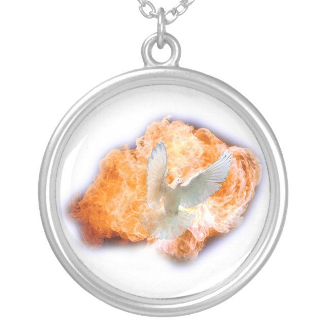 Holy Spirit as Flame and Dove Silver Plated Necklace (Front)