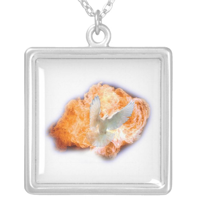Holy Spirit as Flame and Dove Silver Plated Necklace (Front)