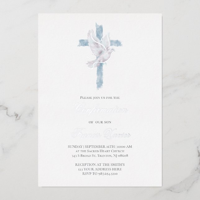 Holy Spirit blue cross Confirmation Foil Invitation (Front)