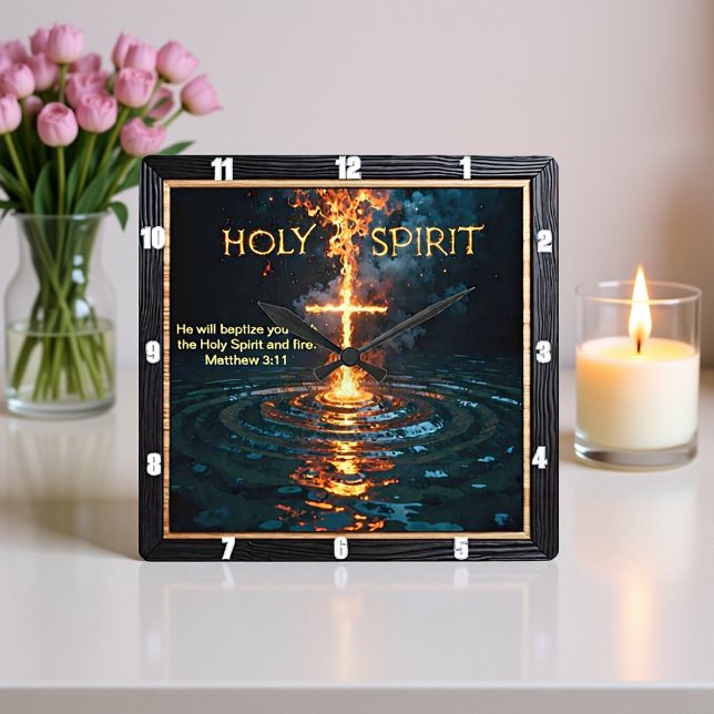 Holy Spirit Fire Cross Water Baptism Matthew 3:11 Square Wall Clock (Creator Uploaded)