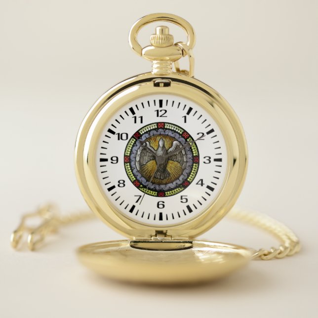 Holy Spirit Stained Glass Confirmation RCIA Pocket Watch (Inside)