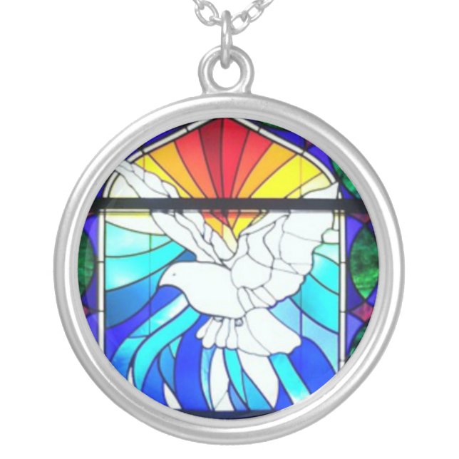 Holy Spirit Stained Glass Dove Confirmation Silver Plated Necklace (Front)