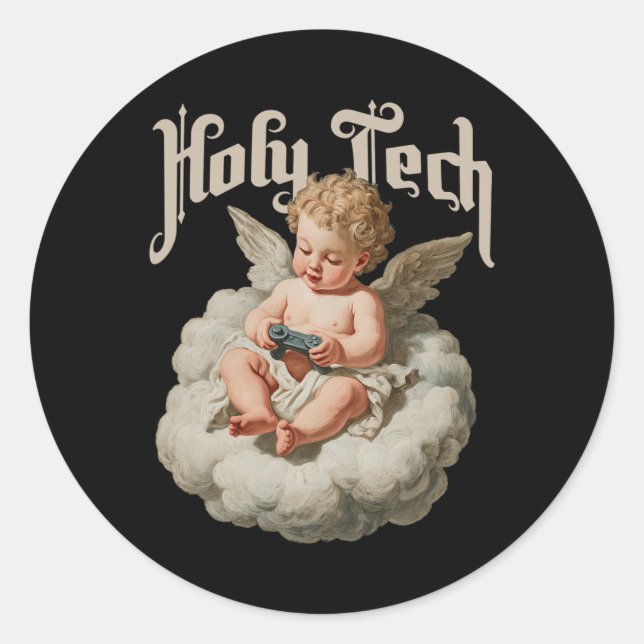 Holy Tech Gamer Angel Funny Cherob Ba  Classic Round Sticker (Front)