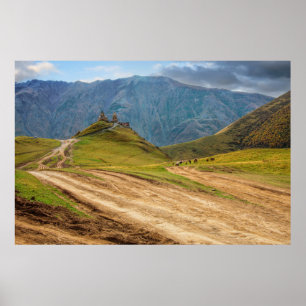 Holy Trinity church Stepantsminda Kazbegi Georgia Poster