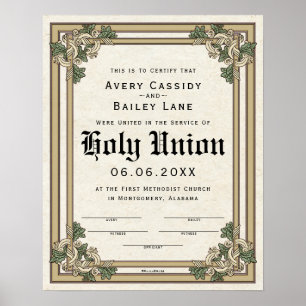 "Holy Union" Antique Scroll Wedding Certificate Poster