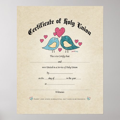 Holy Union Love Birds Wedding Certificate Poster