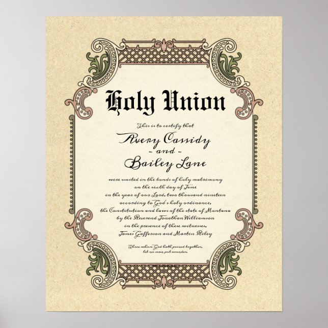 Holy Union Trellis Wedding Certificate Poster (Front)