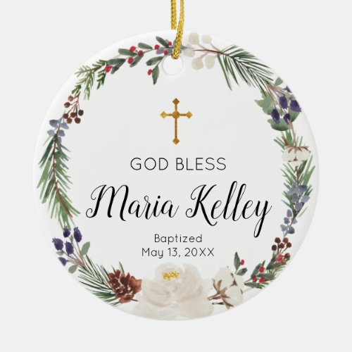 Holy White Floral Personalized Girl Baptism Ceramic Ornament