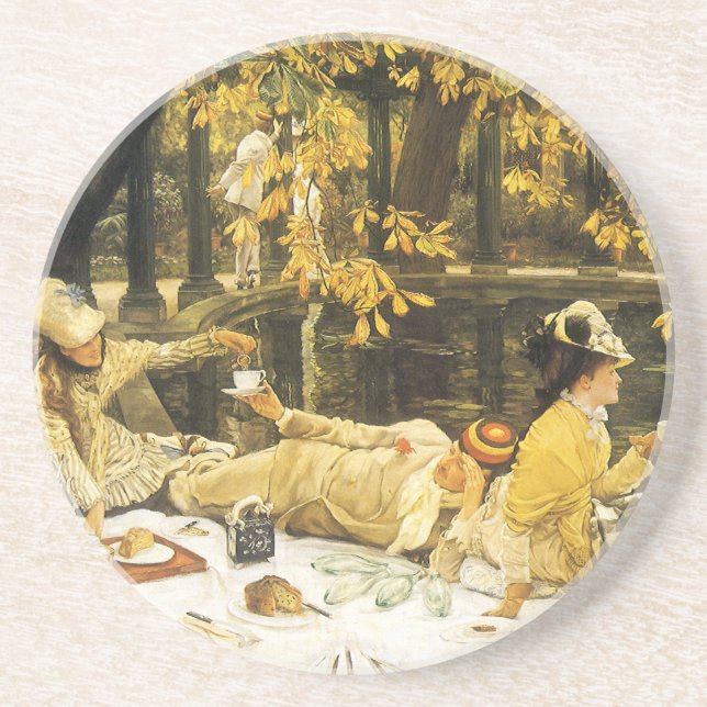 Holyday, the Picnic by James Tissot, Victorian Art Sandstone Coaster (Front)