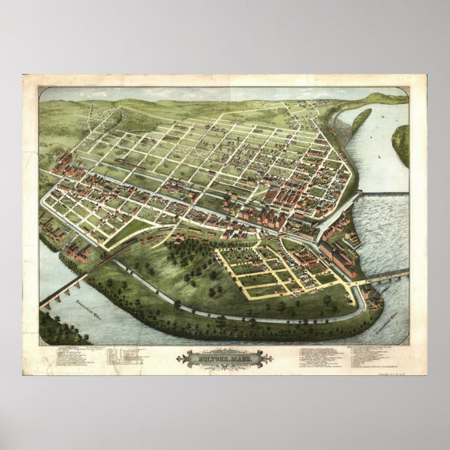 Holyoke Massachusetts 1877 Antique Panoramic Map Poster (Front)
