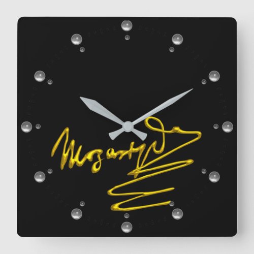 HOMAGE TO MOZART Gold Signature Of Composer Black Square Wall Clock
