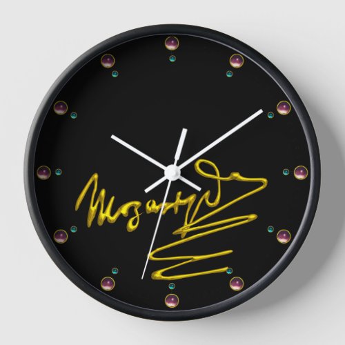 HOMAGE TO MOZART Gold Signature Of Composer Black Wall Clock