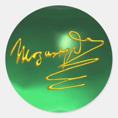HOMAGE TO MOZART Gold Signature Of Composer Green Classic Round Sticker