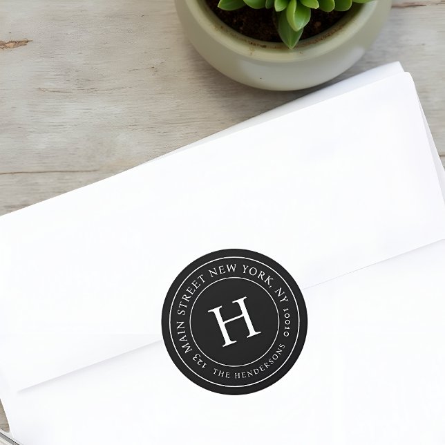 Home Address Modern Simple Chic Family Monogram Classic Round Sticker (Creator Uploaded)