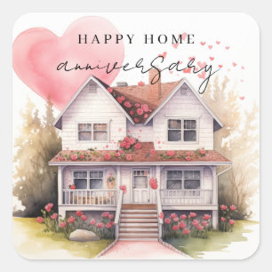 Home Anniversary Heart Watercolor House Realty Square Sticker
