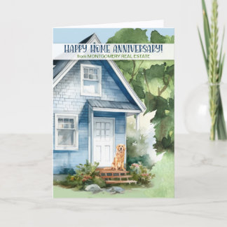 Home Anniversary Realtor Blue House and Dog Custom Card