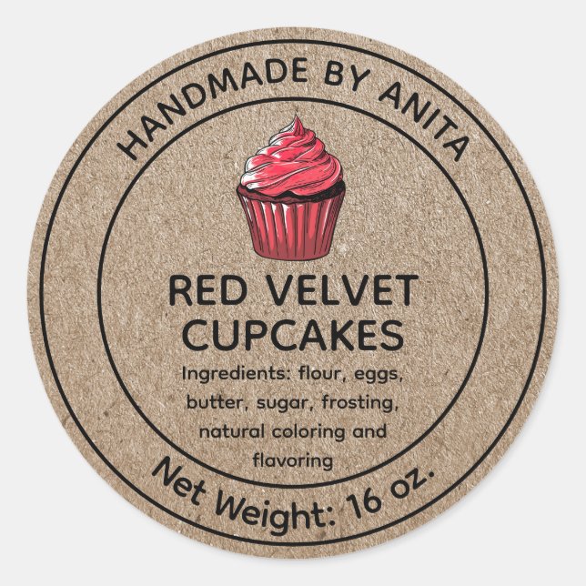 Home Baked Red Velvet Cupcakes Label Kraft (Front)