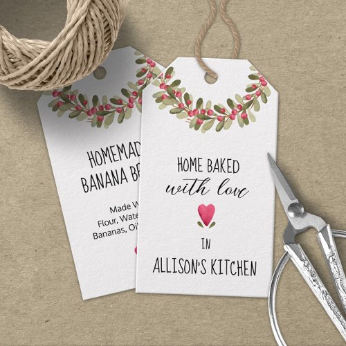 Home Baked With Love Watercolor Holiday Greenery Gift Tags