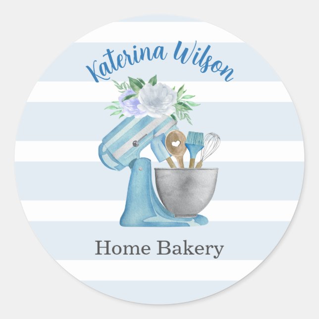 Home Bakery Blue Flower Mixer Classic Round Sticker (Front)