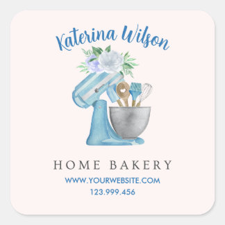 Home Bakery Blue Flower Mixer Square Sticker