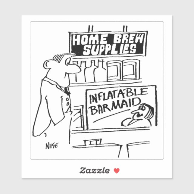 Home Brew Supplies Inflatable Barmaid Cartoon. Sticker (Sheet)