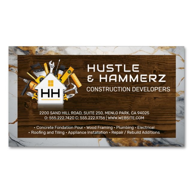 Home Build Construction Tools | Wood | Marble Business Card Magnet (Front)