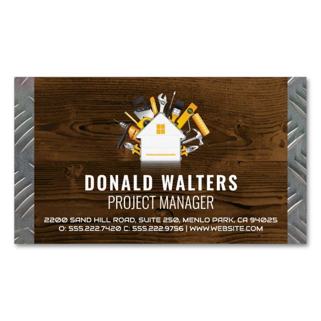 Home Build Construction Tools | Wood | Steel Business Card Magnet (Front)