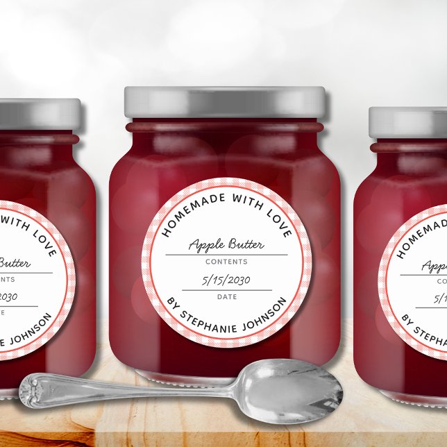 Home Canning Product Name and Date Red Jar Lid Classic Round Sticker (Home Canning Product Name Date Red Check Jar Label Classic Round Sticker)