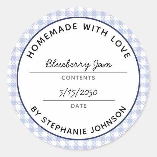 Home Canning Product Name Date Blue Plaid Jar Lid  Classic Round Sticker