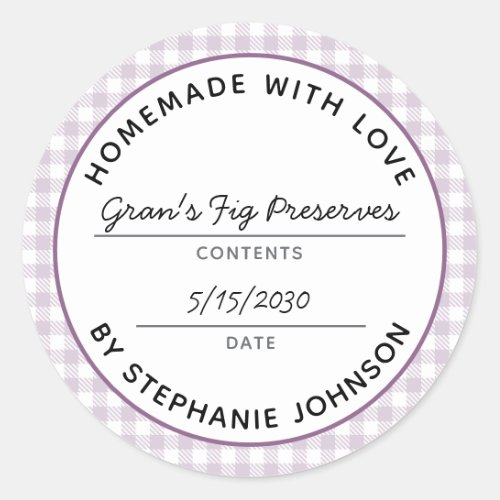 Home Canning Product Name Date Purple Plaid Jar Classic Round Sticker