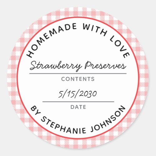 Home Canning Product Name Date Red Plaid Jar Lid Classic Round Sticker