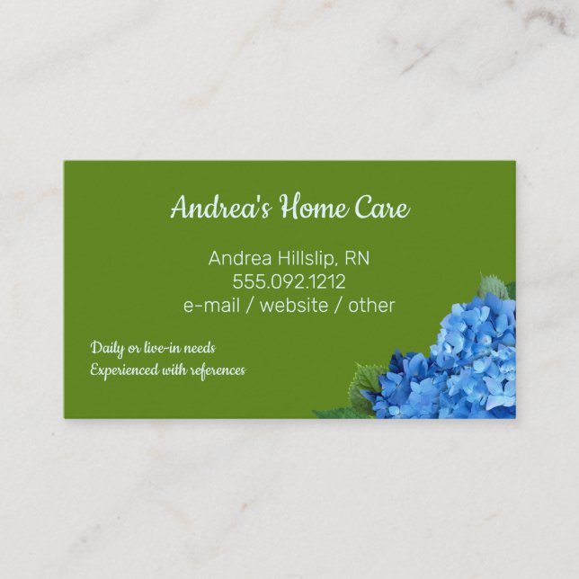 Home Care Blue Hydrangeas Custom Business Cards (Front)
