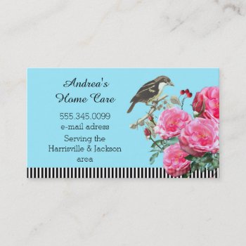Home Care Pink Roses And Bird Business Card by DustyFarmPaper at Zazzle