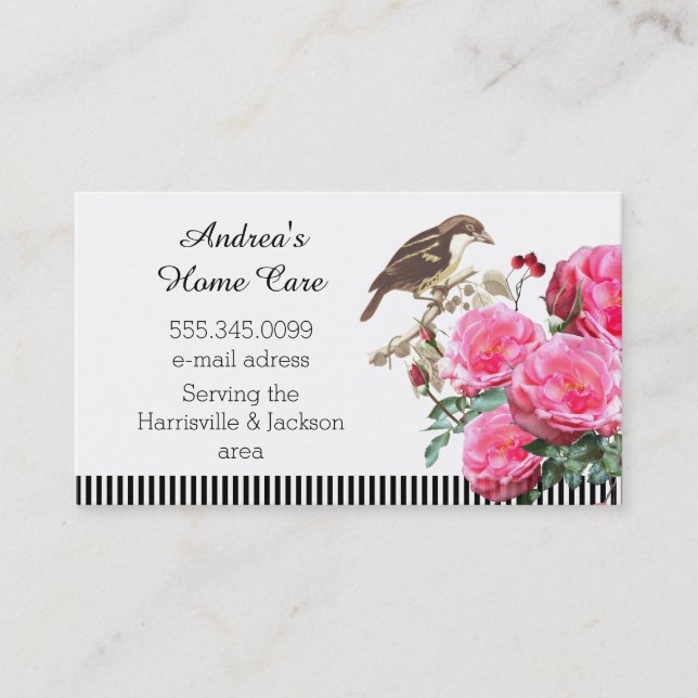 Home Care Pink Roses and Bird Business Card (Front)