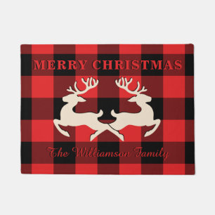 Home Christmas Deer Antlers Red Black Gingham Doormat