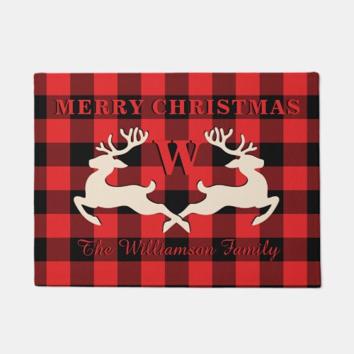 Home Christmas Deer Antlers Red Black Gingham Doormat