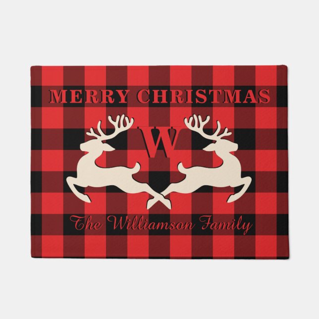 Home Christmas Deer Antlers Red Black Gingham Doormat (Front)