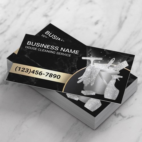 Home Cleaning Maid Service Modern Black Marble Business Card