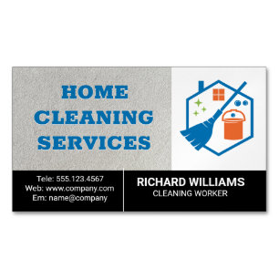 Home Cleaning   Mop Broom House Logo Business Card Magnet