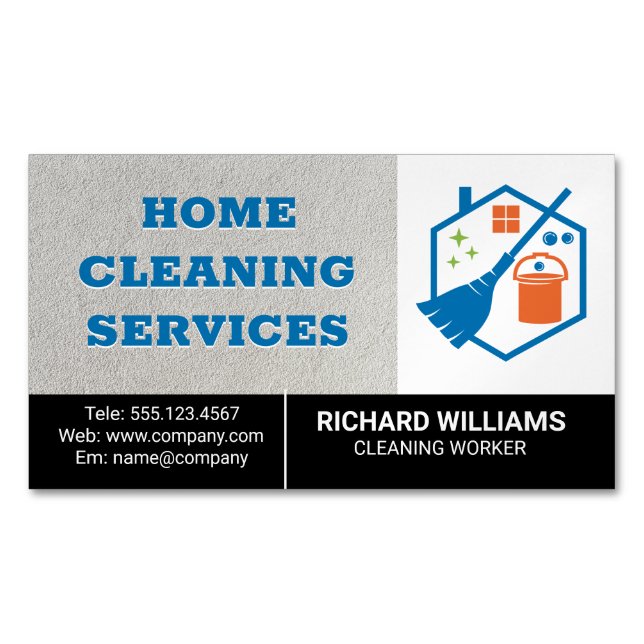Home Cleaning | Mop Broom House Logo Business Card Magnet (Front)