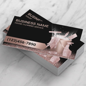 Home Cleaning Service Black & Rose Gold Glitter  Business Card