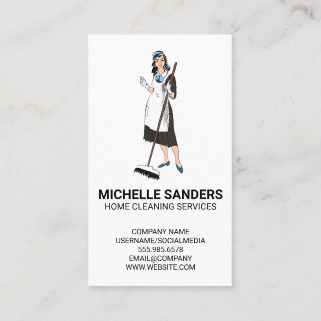 Home Cleaning Services | House Maid with Broom Business Card (Front)