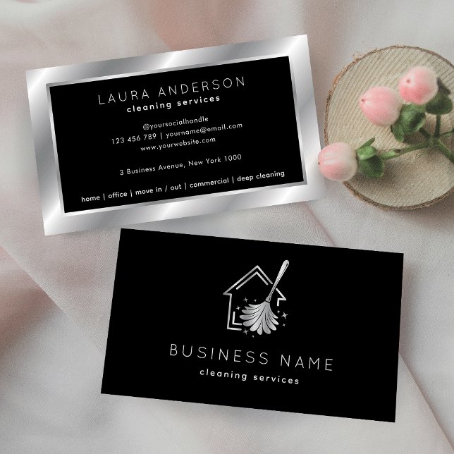 Home Cleaning Services Housekeeper Black & Silver Business Card (Creator Uploaded)