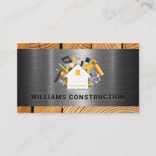 Home Construction Tools Logo  Metal and Wood Business Card